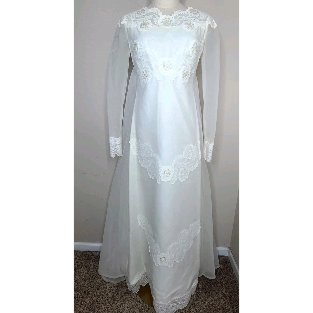 Vintage Union Made 60s Prairie Lace Sequin Empire Waist Wedding‎ Dress Ivory
